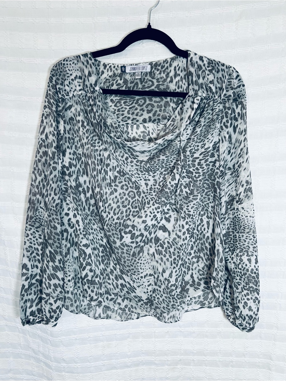 Jennifer Lopez Light Gray Leopard Print Cowl Neck Blouse
